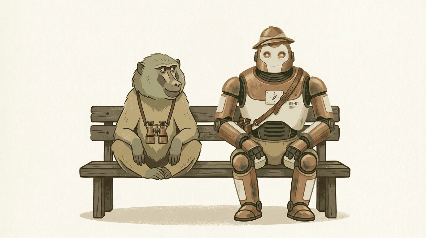 Bartholomew and the Gamekeeper, sitting on a bench together