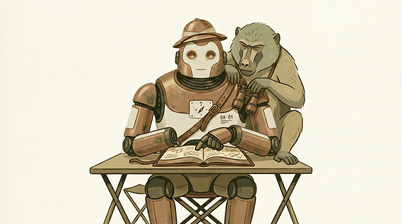 The Gamekeeper at his desk, with Bartholomew leaning over his shoulder