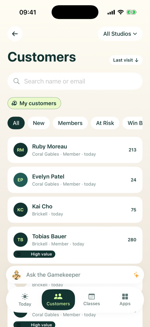 The Reserve Customers app — members ranked by who needs attention, with visit counts and high-value flags
